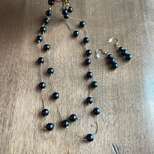 Black gold tone ball necklace pierced earrings set adjustable